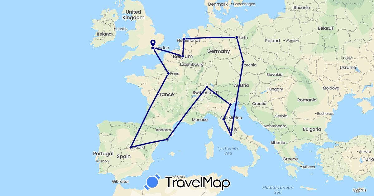 TravelMap itinerary: driving in Belgium, Switzerland, Czech Republic, Germany, Spain, France, United Kingdom, Italy, Netherlands, Vatican City (Europe)